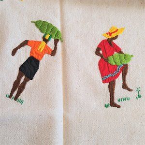 Caribbean hand stitched applique and embroidered folk art tablecloth.